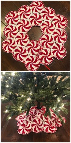 a christmas tree skirt made out of red and white fabric