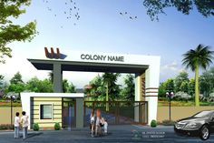 people are standing in front of a building with a sign that says colony name on it