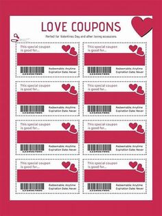 love coupons for valentine's day with hearts on the red and white background