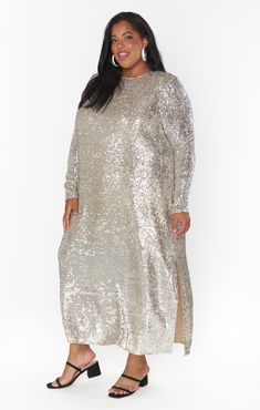 The going out dress every girl needs in her wardrobe! This chic, flowy sequin midi features two side slits and an easy fit. Feel comfy and stylish all at the same time in this perfect new midi dress. Maxi Length Party Dress With Side Slits, Party Season Midi Dress For Night Out, Knee-length Dresses With Side Slits For Date Night, Fall Gala Midi-length Dress, Sequin Maxi Dress For Fall, Fall Sequin Maxi Dress, Asymmetrical Maxi Dress With Side Slits For Party, Knee-length Maxi Dress With Side Slits For Date Night, Fall Night Out Maxi Dress With Side Slits