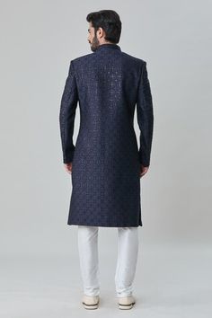 Navy blue sherwani with floral embroidery and sequin highlights. Paired with churidar. - Aza Fashions Blue Bandhgala With Mirror Work For Wedding, Wedding Blue Bandhgala With Mirror Work, Wedding Blue Sherwani With Mirror Work, Navy Blue Sherwani, Blue Sherwani, Sequin Art, Silk Embroidery, Churidar, Full Sleeves