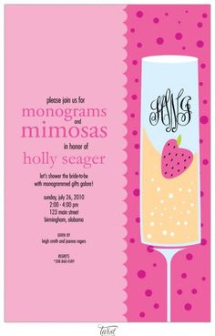 a pink wine glass with a strawberry on it and the words monograms mimosas