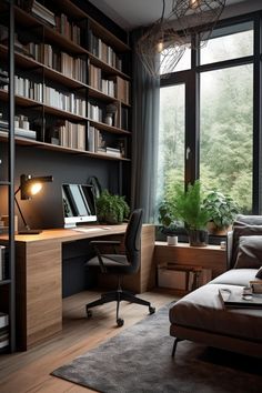 a living room filled with furniture and lots of bookshelves next to a window