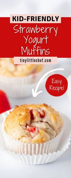 strawberry yogurt muffins with text overlay reading kid - friendly strawberry yogurt muffins