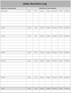 Example Image: Daily Nutrition Log | Food log, Food journal template, Food journal Food Journal Template, Food Diary Template, Nutrition Tracker, Sodium Intake, Paleo Protein, Diary Template