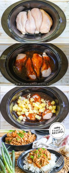 four different types of food are shown on the table with words above them that read, how to cook chicken in an electric pressure cooker