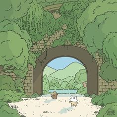 an image of a cartoon scene with animals in the woods and underpasss that lead to a bridge