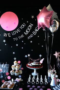 we love you to the moon and back birthday party with balloons, cake, cupcakes and desserts