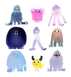 six different colored monsters are shown in this image