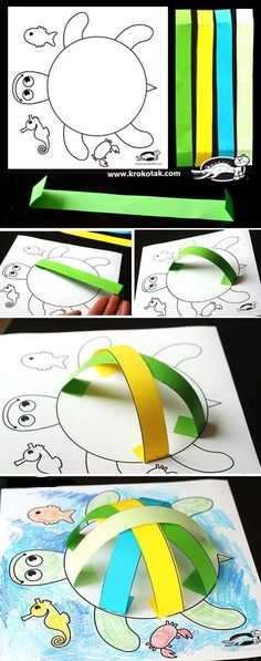 an image of children's art project using paper and construction tape to make a turtle