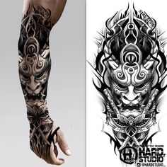 #forearm #samurai #tattoo design #tattoo idea #bng design #mask #samurai tattoo # japanese tattoo #demon mask #tattoo idea #hardstudio #pattern #katana #flower Tattoo Designs Samurai, Tattoo Main, Oni Mask Tattoo, Jerry Tattoo