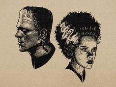 two drawings of people's heads, one with hair and the other without face