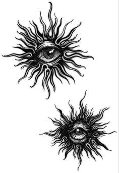 two black and white drawings of the sun with an eye in it's center