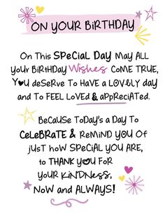 a birthday card with the words on your birthday written in pink and yellow lettering,