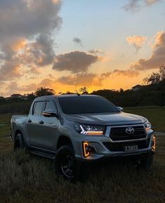 a silver toyota pickup truck parked in a field