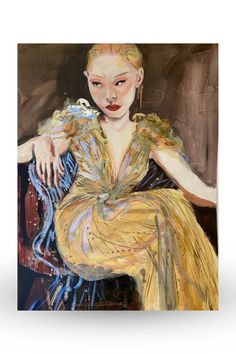 A painting by the contemporary artist Veronica Wells. A young woman is seated wearing the iconic gold gown designed by Jenny Packham. The dress was worn by HRH The Duchess of Cambridge to the premier of No Time to Die in September 2021. Painting Artist, On Board, Contemporary Art, Game Of Thrones Characters, Acrylic Painting, Fictional Characters, Art