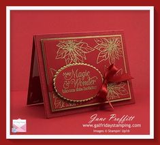 a red and gold christmas card with a bow on the front that says, merry & wonderful