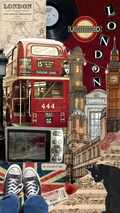 a collage of london with the big ben clock tower, telephone booth, and british symbols