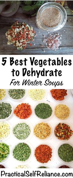 five different types of vegetables in bowls with text overlay that reads 5 best vegetables to dehydraate for winter soups