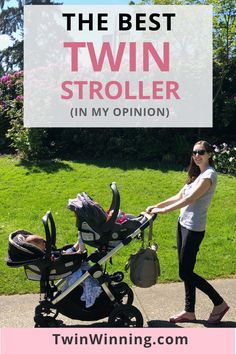 a woman pushing a stroller with the words what having twins is really like