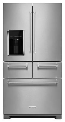 a stainless steel refrigerator freezer with two doors and an ice maker in the middle