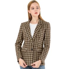 Pump up your power suit look with this Houndstooth Blazer.Classic houndstooth pattern with notched lapel and one button closure blazer.Cut a little long to look great over midi skirts or skinny jeans.Pair with jeans for a casual look, or pair it with a smart midi skirt for a boss lady vibe.All prepped up for the coming season, this classic blazer is loaded with styling options. Size: small. Color: coffee. Gender: female. Age Group: adult. Pattern: Plaid. Material: Polyester. Casual Plaid Blazer With Notch Lapel, Business Casual Plaid Blazer With Button Closure, Plaid Blazer With Lapel Collar And Button Closure, Plaid Single-breasted Blazer For Business Casual, Single-breasted Plaid Blazer With Lapel Collar, Plaid Blazer With Button Closure For Business, Fitted Plaid Blazer With Double Button Closure, Plaid Single Breasted Blazer With Notch Lapel, Plaid Blazer With Double Button Closure And Lapel Collar