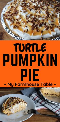 a pumpkin pie on a plate with the words turtle pumpkin pie in front of it