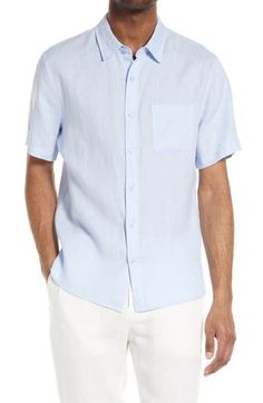 Lightweight, breathable linen brings easy-to-wear comfort to a classic-fit shirt detailed with a nifty chest patch pocket. 28 1/2" length (size Medium) Spread collar 100% linen Dry clean or machine wash, line dry Imported Short Sleeve Linen Shirt, Shirt Detail, Linen Shirt, Workout Shorts, Workout Shirts, Casual Button Down Shirt, Men Casual, Nordstrom, Bring It On