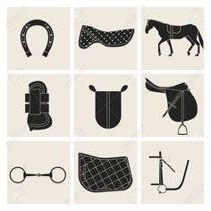 various horse related items are shown in black and white colors, including saddles, bridles, boots, stirs