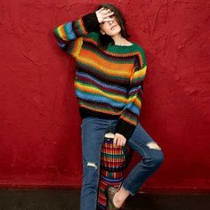 Brighten up the day in this Rainbow Striped Knitted Pullover! You'll be a ray of sunshine in this knitted number these upcoming cloudy days of fall and winter. This pullover won't only make you look like a sunny summer day but it will also keep you as warm as one. Pair this pullover with solid printed jeans or trousers and some earth-toned boots to bring balance to the bright colored stripes.  SpecificationsMaterial: PolyesterTechnics: Computer KnittedStyle: CasualSleeve Length: FullPattern: StripedCollar: O-NeckSize Chart SizeShoulderBustSleeveLengthOne Size18.8in / 48cm40.9in / 104cm15.7in / 40cm25.5in / 65cm Casual Colorful Fall Sweater, Trendy Knitted Sweater For Spring, Casual Colorful Acrylic Sweater, Colorful Acrylic Casual Sweater, Trendy Fall Crochet Sweater, Trendy Crochet Sweater For Fall, Colorful Chunky Knit Sweater For Fall, Multicolor Chunky Knit Casual Sweater, Casual Multicolor Chunky Knit Sweater