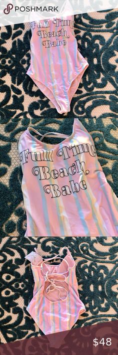 Full Time Beach Babe Striped Pastel One Piece Full Time Beach Babe Striped Pastel One Piece  NWT Swim One Pieces Summer Letter Print Swimwear For Beach Season, Summer Swimwear With Letter Print For Beach, Summer Pink Swimwear With Graphic Print, Fitted Letter Print Swimwear For Summer, Fitted Summer Swimwear With Letter Print, Summer Letter Print Swimwear For Vacation, Summer Beach Swimwear With Letter Print, Fitted Letter Print Swimwear For Vacation, Trendy Letter Print Swimwear For Summer