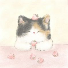 a drawing of a cat with strawberries on it's head sitting in front of a wall