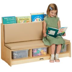 Provide your students with a comfortable place to sit as they boost their reading proficiency with this Jonti-Craft Baltic Birch 37490JC 42" x 18 1/2" x 23 1/2" wood literacy room couch with padded wheat seating and clear tubs. Designed for use with similar Baltic Birch reading-centric units (sold separately), this item is perfect for creating an expansive system where children can relax, unwind, and happily pour through their favorite stories. This item also features an 11" high seat with wheat Reading Couch, Reading Nook Kids, Room Couches, Classroom Seating, Clear Bins, Classroom Storage, Color Pad, Play Furniture, Colourful Cushions