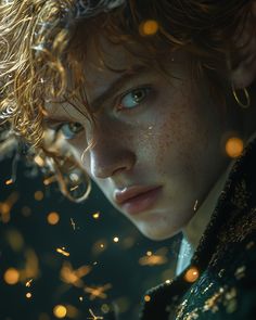 a young boy with freckled hair and blue eyes stares into the distance while surrounded by gold flakes