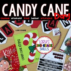 the candy cane day poster is displayed on a table with other holiday cards and decorations