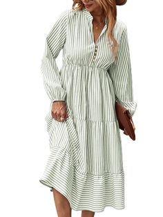 PRICES MAY VARY. Stripe, puff long sleeve, ruffle hem, half button, ankle length, pullover v neck a-line dress for women and ladies. Tiered ruffled hem, streak, elastic high wasit, notch neck swing flowy dress for women design will catch everyone's attention in every occasions, fashion and elegant. This v neck stripe long sleeve midi dress is perfect to pair with high heels or short boots, coats, and jackets to create an elegant look! The half button flowy swing a-line long dress great for datin Amazon Fall Dresses, Boots For Dresses, Womens Fall Dresses, Cute Fall Dresses, White Dress Fall, Church Outfit Fall, Button Up Shirt Dress, A Line Long Dress, Fall Fashion Dresses