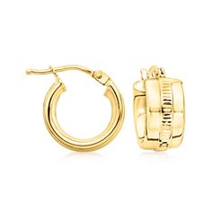 Ross-Simons - Italian 10kt Yellow Gold Huggie Hoop Earrings. 1/2". Canaria fine jewelry. Perfect for everyday wear, these genuine 10kt gold wardrobe essentials are fashionable, fun and designed to last a lifetime. Strong and durable, our collection of gold classics is always a great value. These 10kt yellow gold huggie hoop earrings from Italy feature textured and polished finishes and a subtle striped design. Hanging length is 1/2". Snap-bar, 10kt yellow gold huggie hoop earrings. Gold Wardrobe, Gold Huggie Hoop Earrings, Gold Piece, Huggie Hoop Earrings, Precious Metal, Affordable Luxury, Jewelry Earrings Hoops, Fine Jewellery Earrings, Huggies Earrings