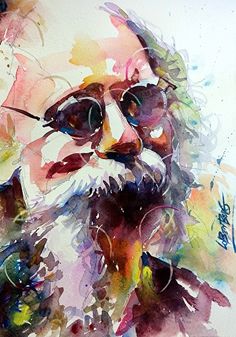 a watercolor painting of a man with glasses on his face and long white beard