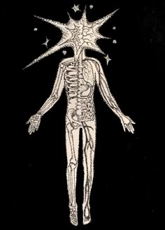 a drawing of the human body with stars above it