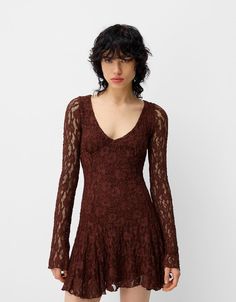 Blonde lace long sleeve mini dress - Dresses - Women | Bershka Lace Long Sleeve Mini Dress, Mini Manga, Long Sleeve Lace Mini Dress, Lace Long Sleeve, 60s Dress, Socks And Tights, Long Sleeve Mini, Long Sleeve Mini Dress, Long Sleeve Lace