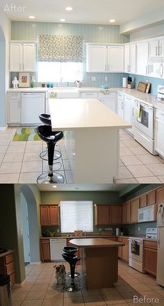 before and after pictures of a kitchen remodel with white cabinets, counter tops, and appliances