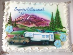 a birthday cake with an rv and camper painted on it's front side