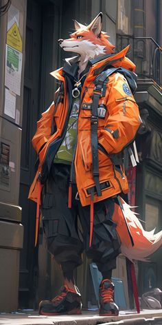 a fox in an orange jacket and black pants is standing on the street next to a building