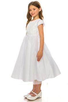 Pure white shiny hue adds delicacy and style to this precious Just Kids dress. Short sleeved flower girl dress features a brooch attached at waist and an overlaid skirt. Zipper fastening at back for an easy fit. Suitable for all kinds of festive events. Suitable for little girls. Princess Style Short Sleeve Dress For Confirmation, Elegant Short Sleeve Princess Dress For Confirmation, Princess Style First Communion Dress With Short Sleeves, Princess Style Short Sleeve First Communion Dress, Princess Style Short Sleeve Dress For First Communion, Princess Dress With Short Sleeves For Confirmation, Junior Bridesmaid Dress, Skirt Zipper, Junior Bridesmaid Dresses