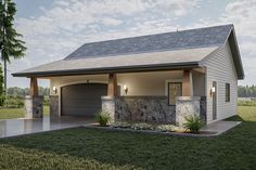 this is a computer rendering of a small house in the country style with stone and wood accents