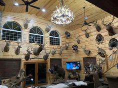 a living room filled with lots of deer heads mounted to the wall