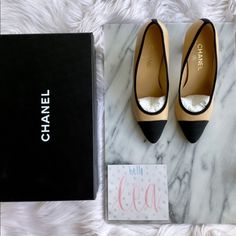 Chanel Beige With Black Cap Toe Pumps. Euro 39. Comes With Box. Made In Italy. Worn Twice. Sold As Is. Chanel Two Tone Pumps, Black Cap, Pumps Heels, Shoes Women Heels, Two Tone, Shoes Heels, Chanel, Pumps, Women Shoes