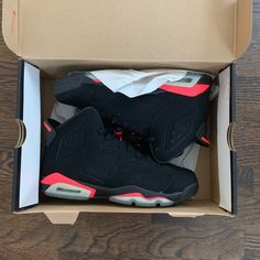 Jordan 6 Retro, Black And Infrared, Size 6y, New In Box Black Basketball Shoes With Red Sole For Streetwear, Black Jordan Shoes With Red Sole, Sporty Black Jordan Shoes With Red Sole, Black Jordan Shoes With Red Sole For Streetwear, Casual Black Basketball Shoes With Red Sole, Casual Black Jordan Shoes With Contrast Sole, Wolf Grey Jordans, Grey Jordans, Boys Basketball Shoes