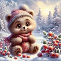 a painting of a teddy bear wearing a scarf and hat sitting in the snow with berries