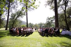 a group of people that are sitting in the grass near some trees with chairs around them